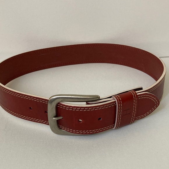 Tommy Hilfiger red label denim Label Leather burgundy Belt excellent shape M - Picture 1 of 7